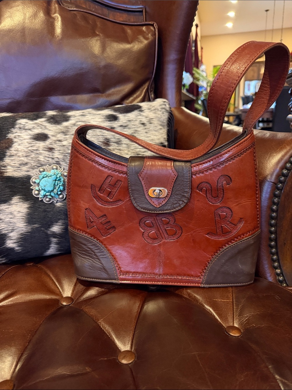 American West Two-Tone Brown Leather Shoulder Bag with Embossed Monograms BEAUTY